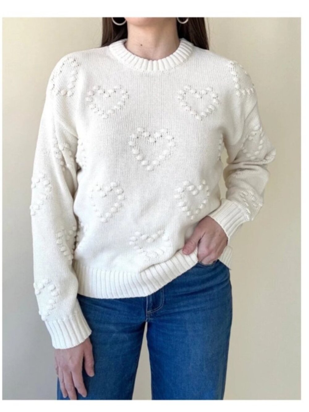 Z Supply Sweet Thing Sweater Size XS Ivory Heart Crewneck Cotton Long Sleeve